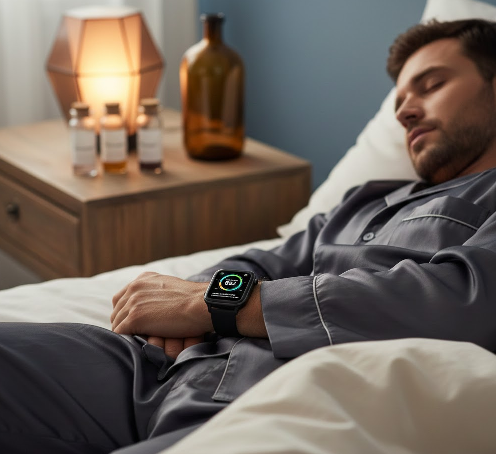 수면 점수 분석을 위해 스마트 워치를 차고 자고 있는 남성