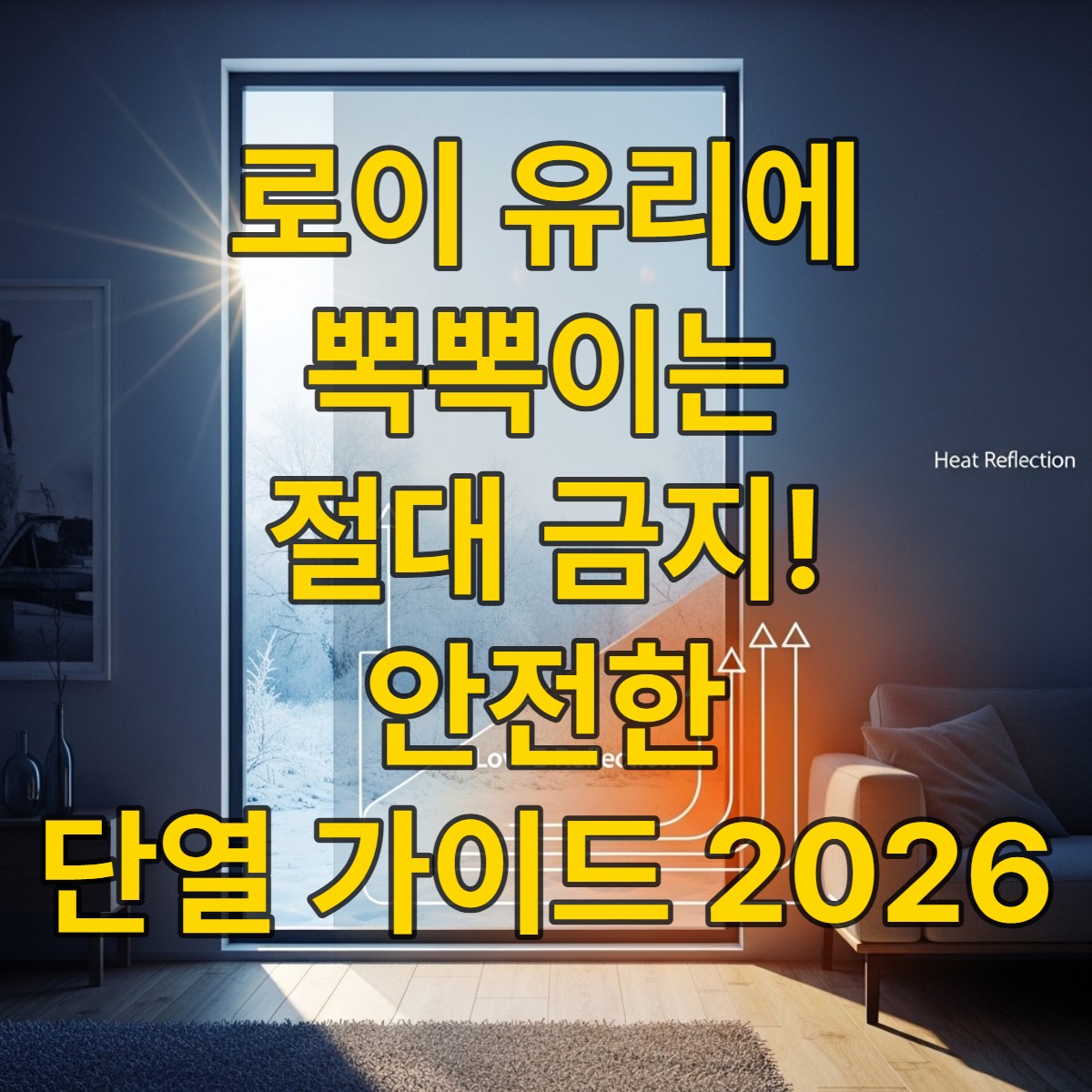 따뜻한 실내와 서리가 내린 외부 풍경이 대비되는 로이 유리 창문. 열 반사 코팅이 강조되어 에너지 효율을 시각적으로 나타냅니다.