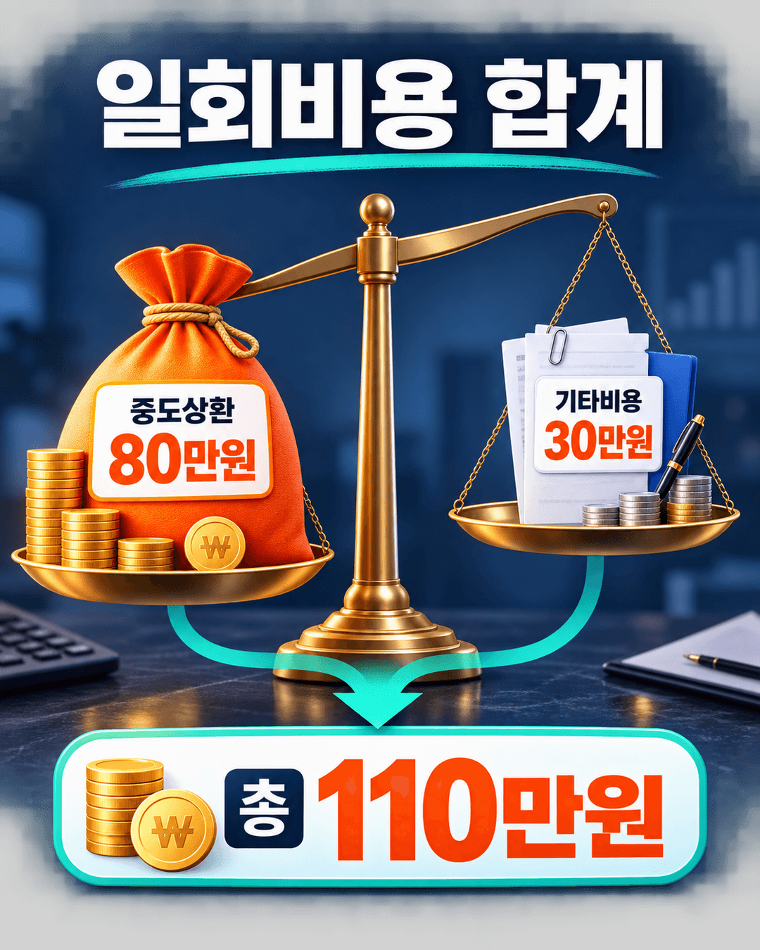 중도상환수수료 80만원과 기타비용 30만원을 합쳐 일회비용 110만원을 보여주는 카드