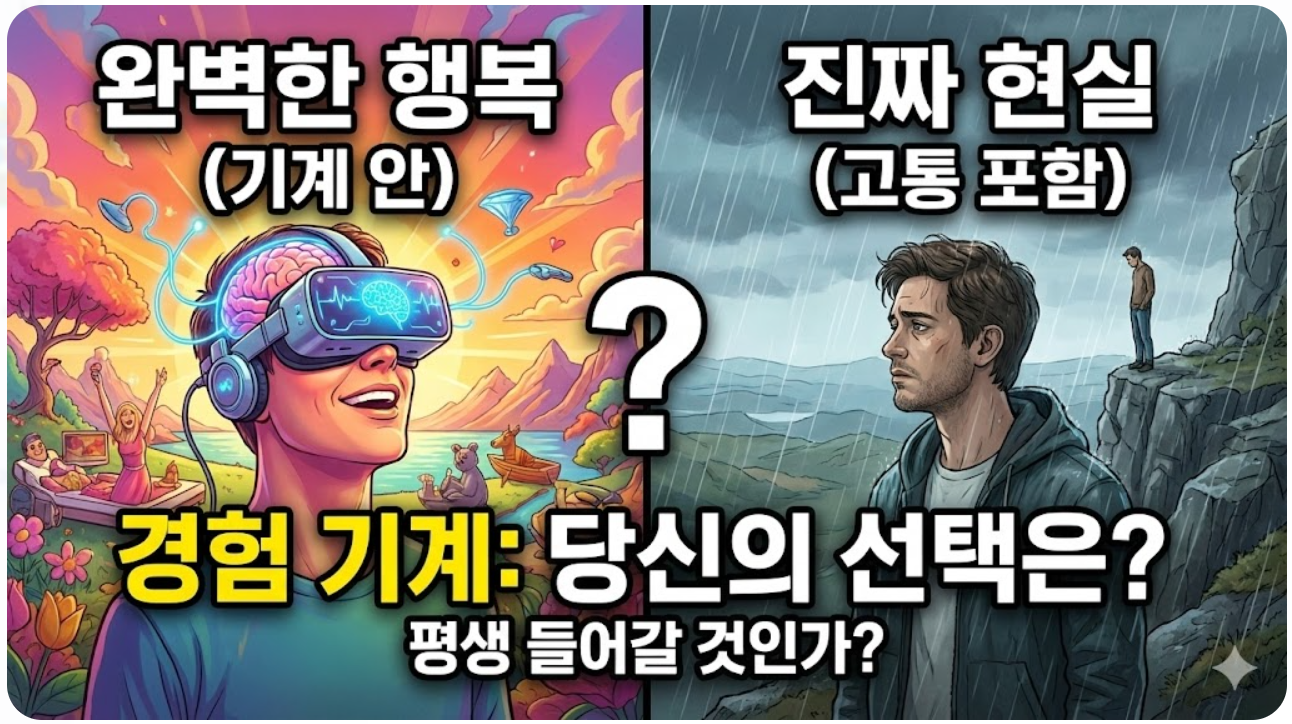 경험 기계 (The Experience Machine): 완벽한 행복만을 느끼게 해주는 기계가 있다면, 당신은 평생 그 안에 들어갈 것인가?