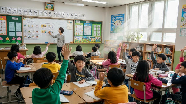 학교에서 수업을 받고 있는 초등학생