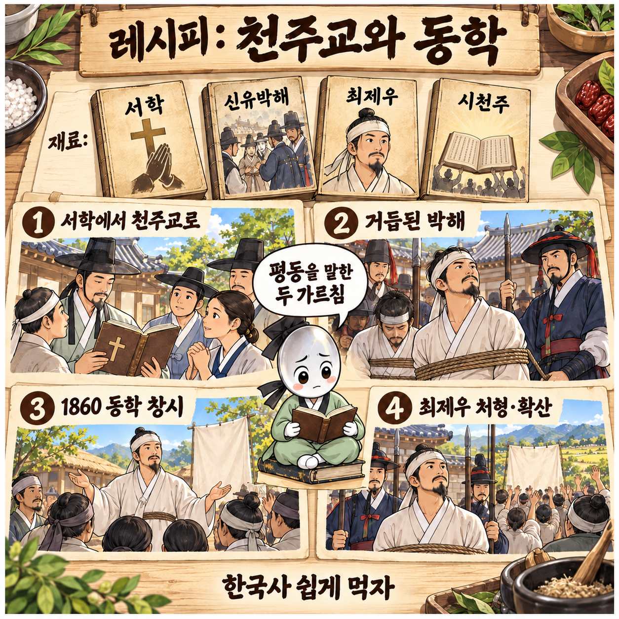 천주교 박해와 동학의 등장을 레시피 형식으로 요약한 인포그래픽 이미지
