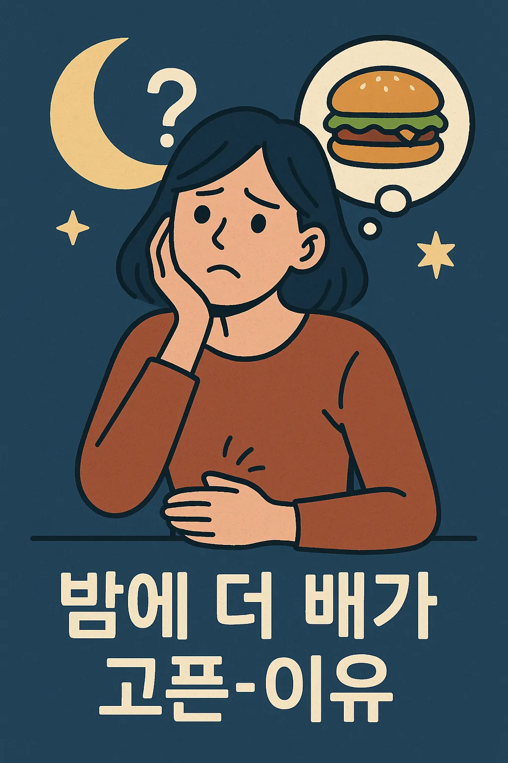 밤에-배가-고파지는-이유를-생각하는-여성이-햄버거를-떠올리는-생각풍선과-초승달-별-질문표시가-함께-표현된-일러스트