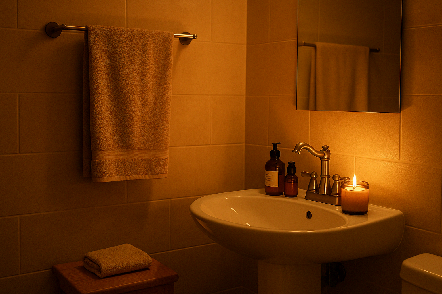따뜻한 조명의 욕실에 수건과 향초가 놓인 편안한 공간