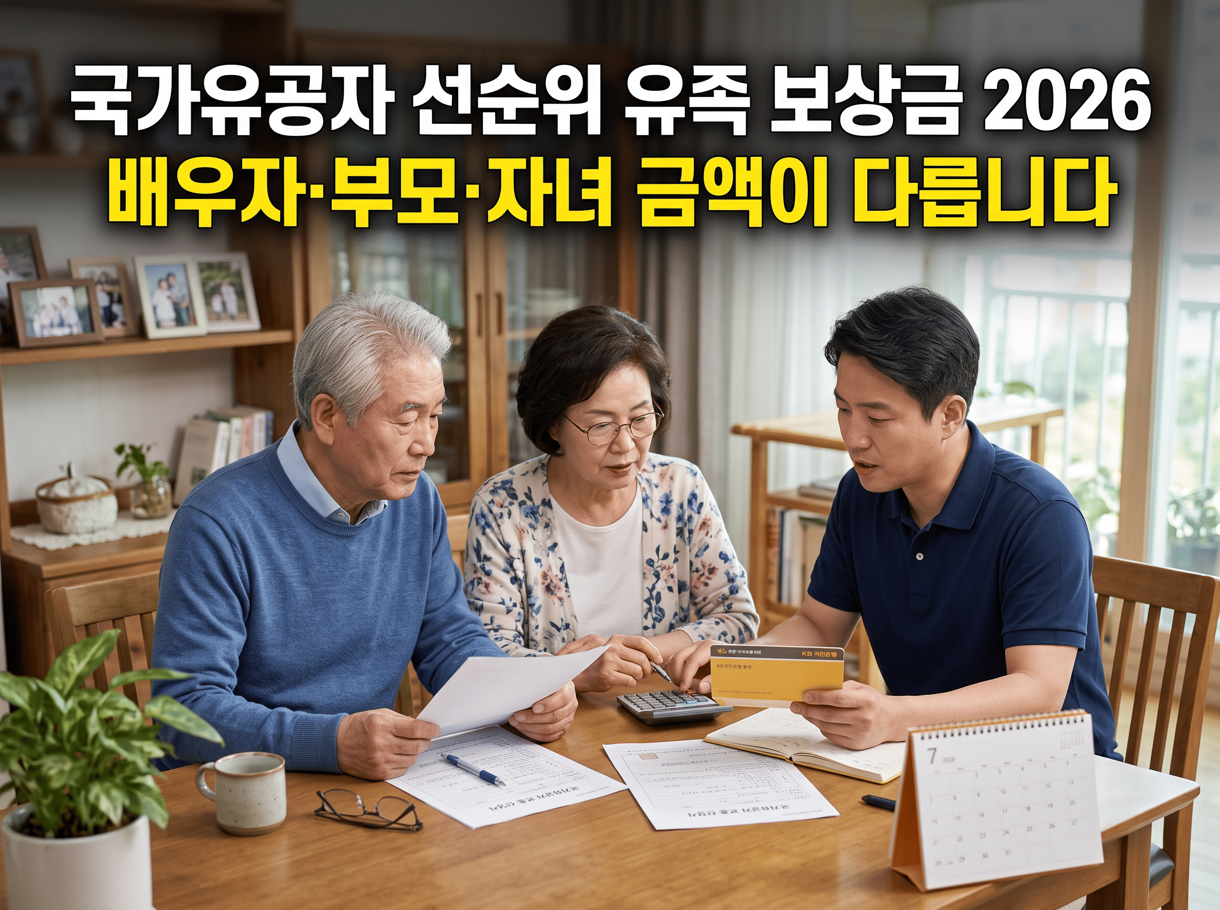 보훈 관련 서류와 통장을 확인하며 2026년 국가유공자 유족 보상금을 살펴보는 가족 이미지