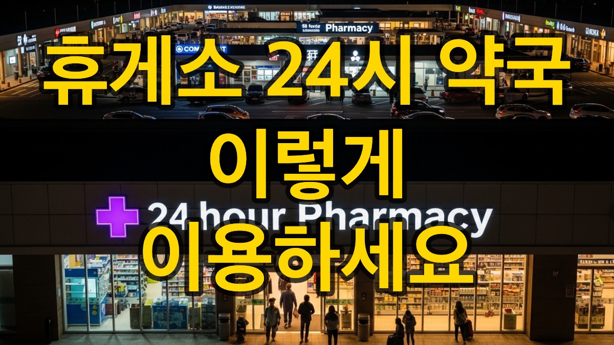 명절 밤, 조명으로 환하게 빛나는 고속도로 휴게소의 전경. 자주색 십자가 간판이 빛나는 24시간 약국 건물 주변으로 사람들이 오가며 약국 이용이 활발한 모습을 보여줍니다.