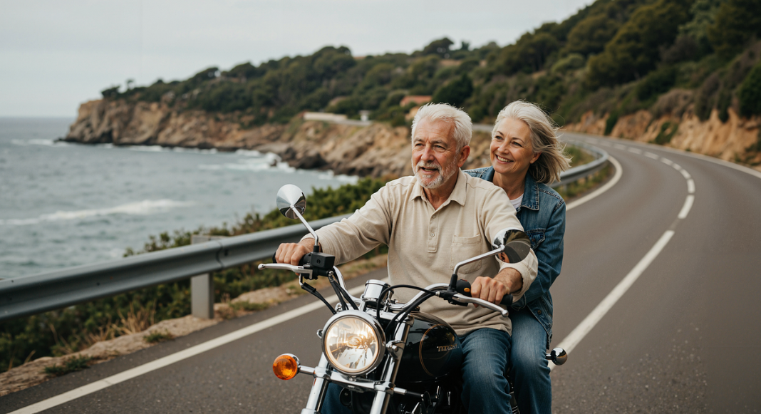 퇴직 후 바이크를 타고 해안도로를 달리고 있는 부부의 사진입니다. 얼굴에는 즐거운 미소가 가득합니다.