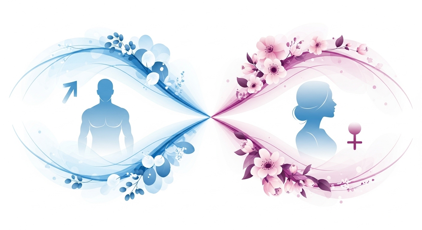 남성과 여성의 호르몬 균형을 상징하는 조화로운 이미지. 한쪽에는 남성의 활력을 나타내는 요소, 다른 한쪽에는 여성의 건강과 평온함을 나타내는 요소가 부드러운 선으로 연결되어 있다.