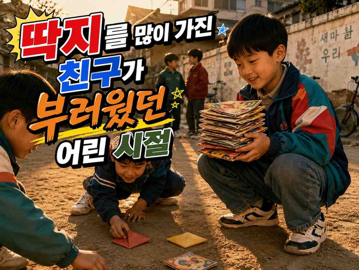골목에서 딱지치기를 하는 아이들 옆에 많은 딱지를 들고 있는 남자아이와 &lsquo;딱지를 많이 가진 친구가 부러웠던 어린 시절&rsquo;이라는 제목 문구가 함께 보이는 모습