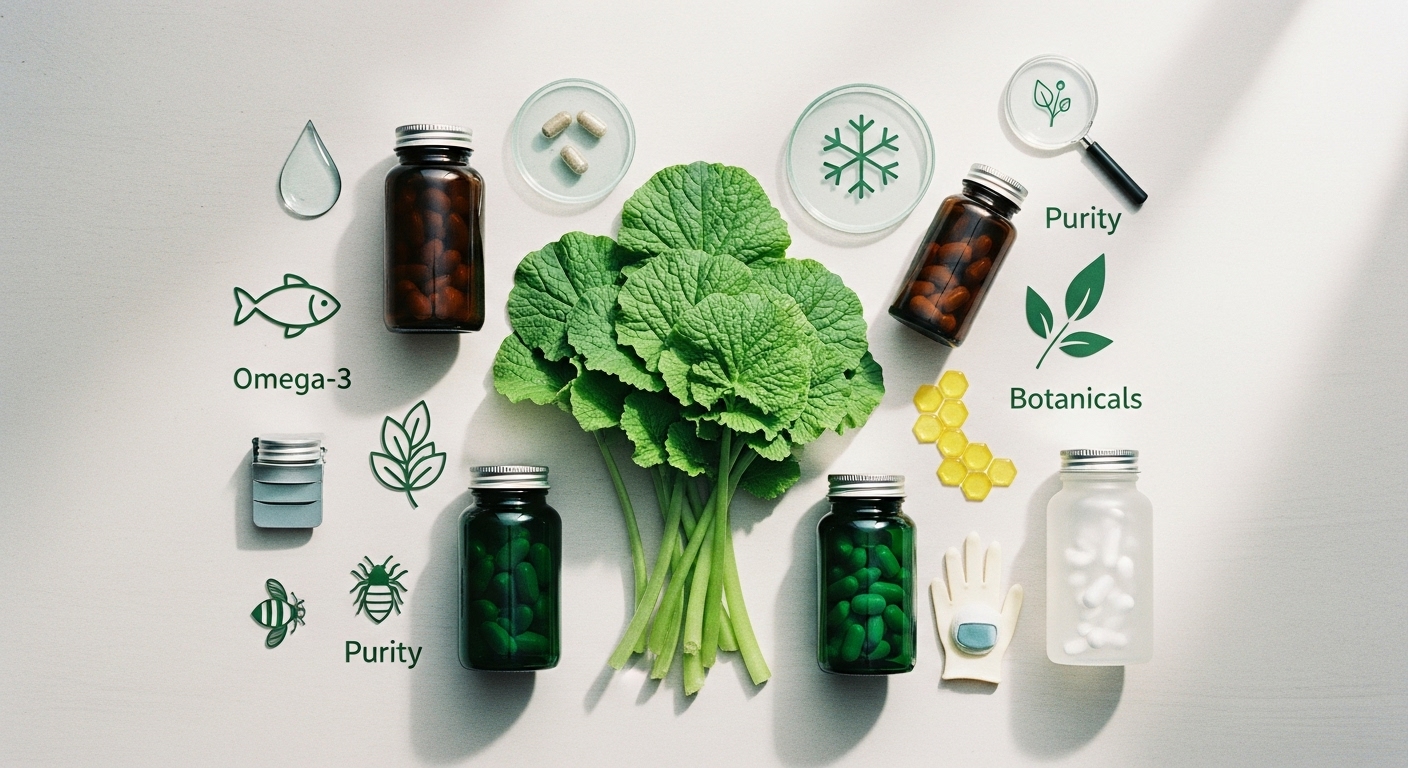 와사비잎과 여러가지 약통이 있습니다.