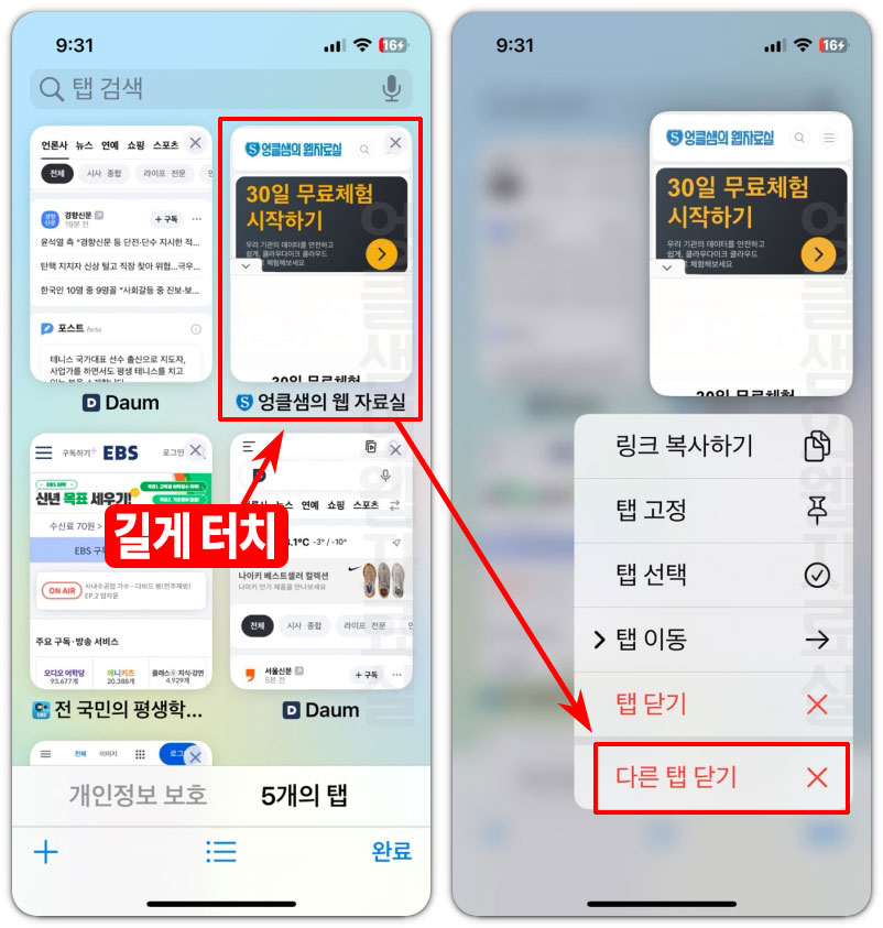 사파리 다른 탭 닫기