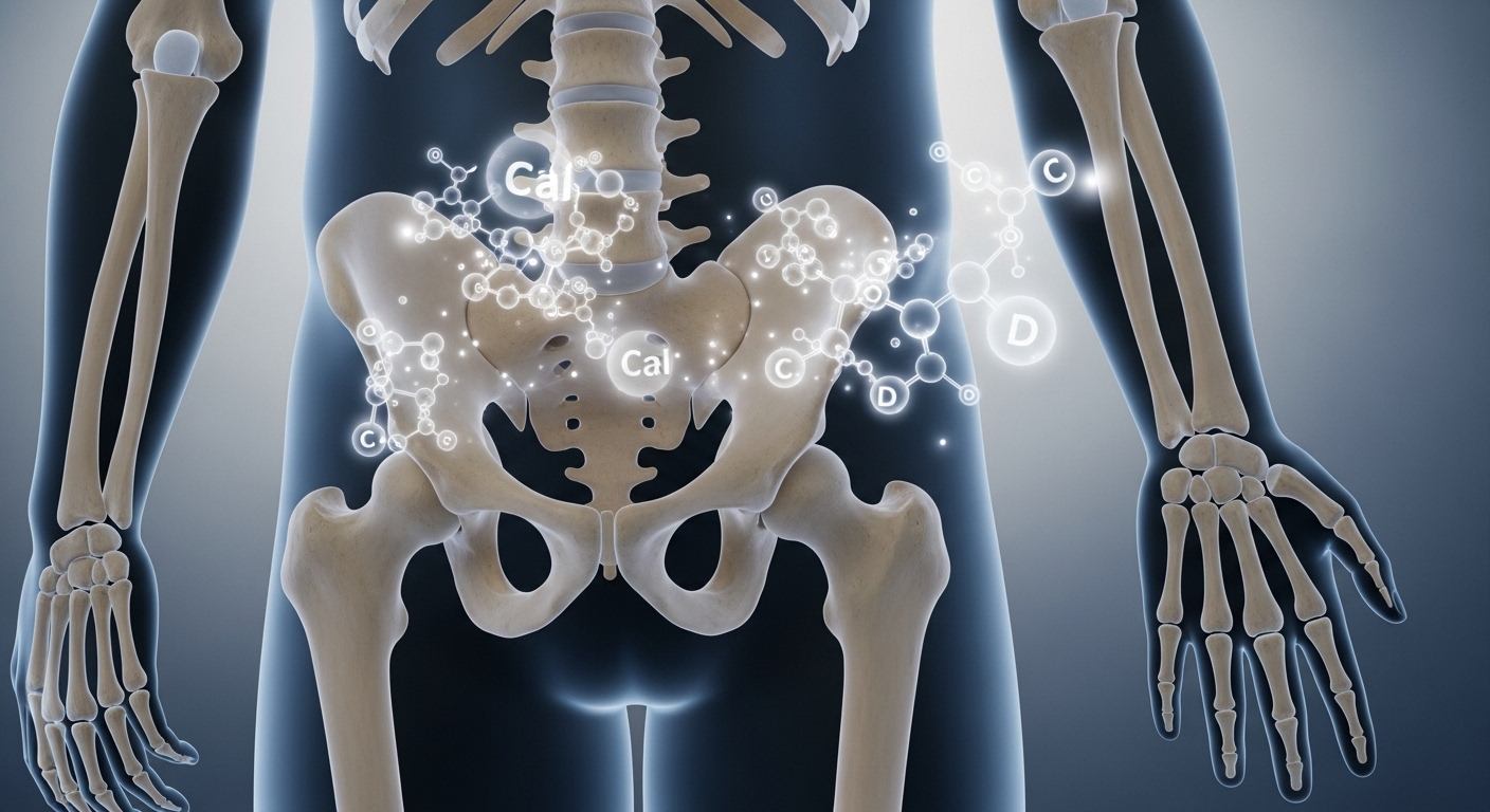 인간 골격 구조와 칼슘, 비타민D 분자가 떠다니는 모습. 뼈 건강과 영양소 흡수를 상징.