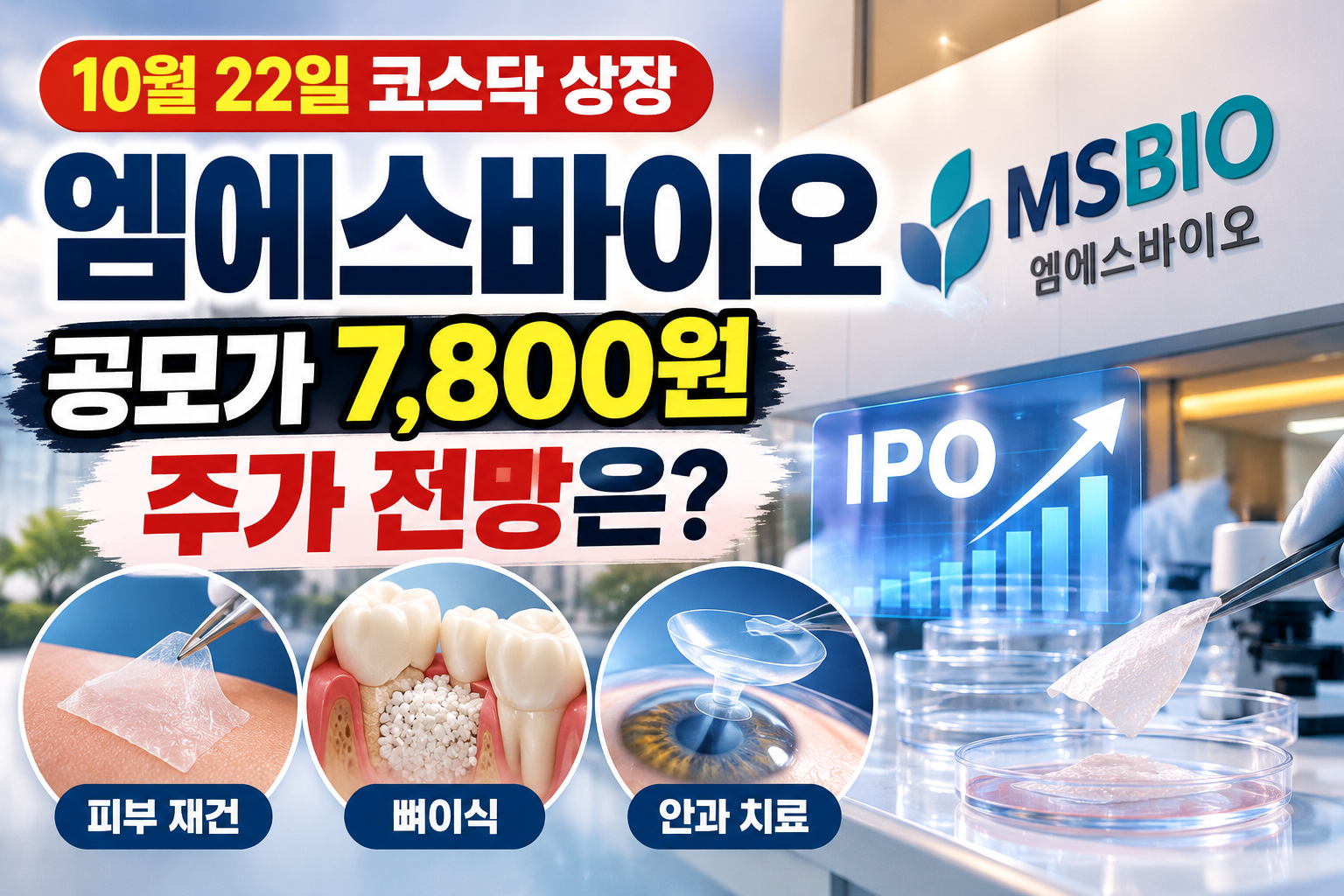 엠에스바이오 10월 22일 코스닥 상장, 공모가 7,800원과 주가 전망 및 피부 재건·뼈이식·안과 치료 사업을 소개하는 이미지