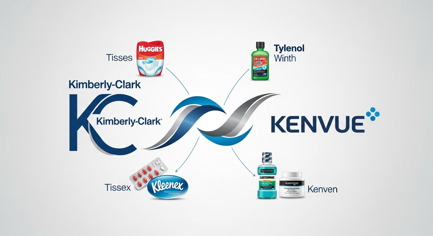 킴벌리클라크와 켄뷰의 합병을 상징하는 통합 로고와 하기스, 타이레놀, 뉴트로지나 등 양사의 핵심 브랜드 포트폴리오를 보여주는 인포그래픽.