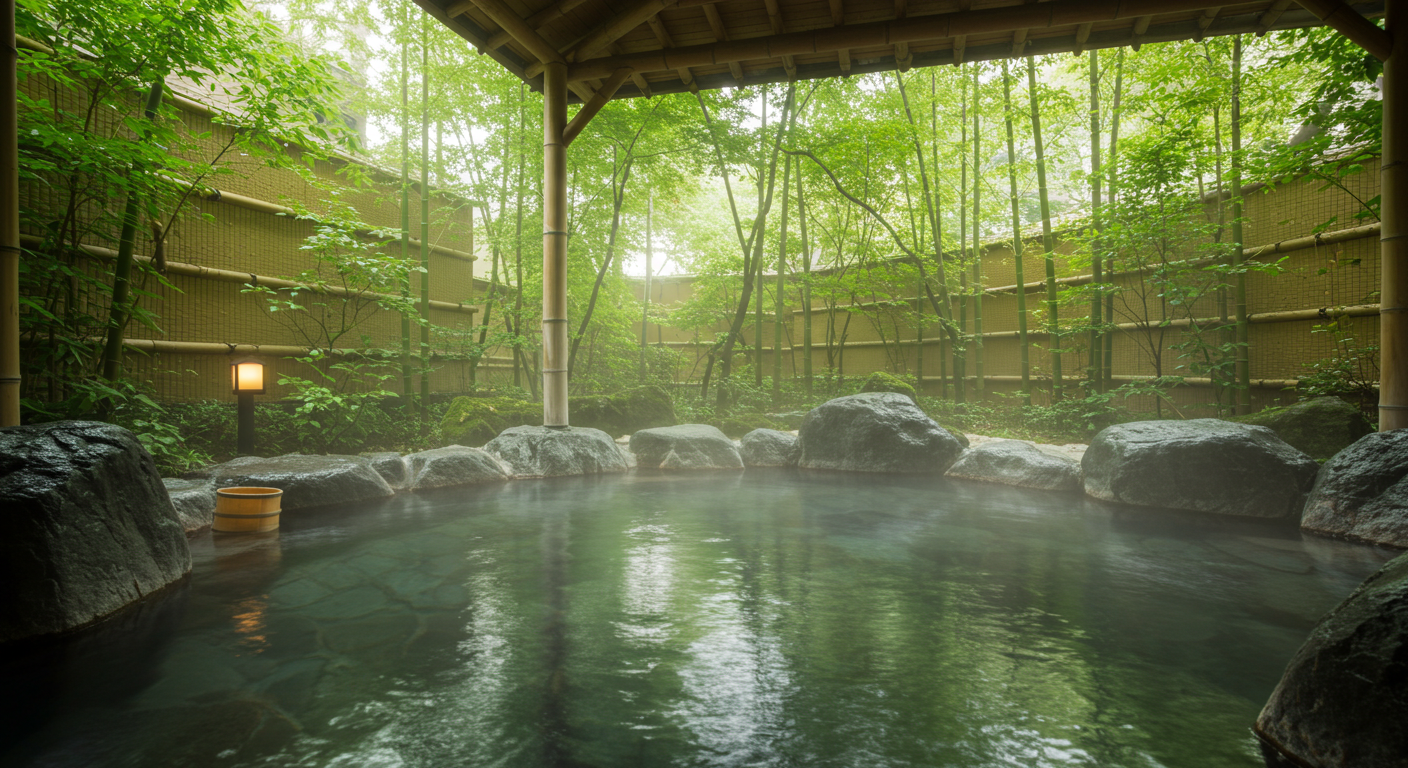 여름의 푸른 숲으로 둘러싸인 일본의 고급 료칸 노천탕