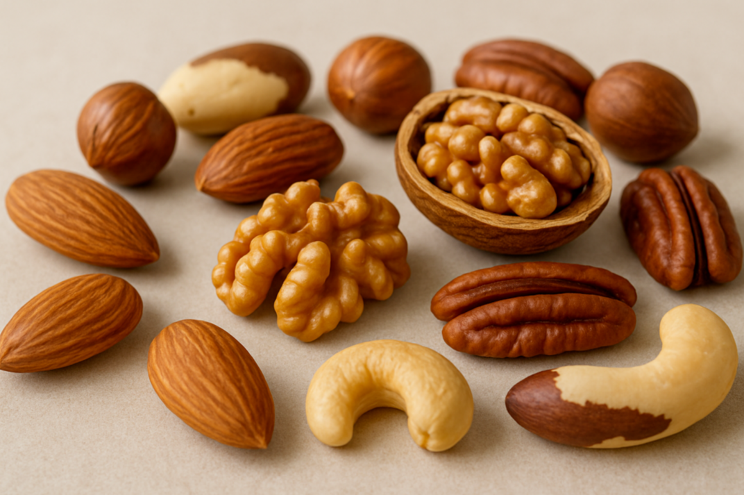 아몬드, 호두, 캐슈넛 등 다양한 견과류, 뇌 건강과 포만감을 위한 아침 간식