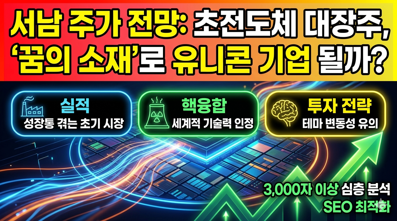 서남 주가 전망을 다루는 블로그 게시물의 썸네일 이미지입니다. 상단에는 "서남 주가 전망: 초전도체 대장주, '꿈의 소재'로 유니콘 기업 될까?"라는 제목이 한글로 씌여 있으며, 그 아래로는 실적, 핵융합, 투자 전략 등 분석 내용을 담은 세 가지 상자가 아이콘과 함께 배치되어 있습니다. 배경은 회로 기판과 데이터 흐름을 형상화한 그래픽이며, 이미지 오른쪽 하단에는 초록색 상승 화살표가 그려져 있습니다. "3,000자 이상 심층 분석", "SEO 최적화"라는 한글 문구도 함께 포함되어 있습니다.