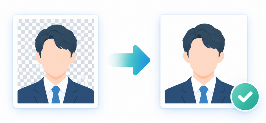 격자무늬로 표시된 투명 배경의 인물 이미지가 흰색 배경 이미지로 바뀌는 일러스트