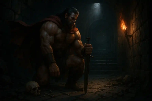 불빛 아래 어두운 던전에서 검을 짚고 무릎 꿇은 바바리안 전사의 실사풍 다크 판타지 일러스트