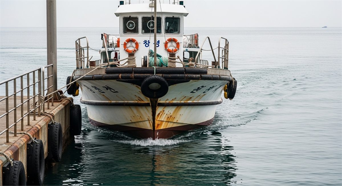 시방선착장에 도착하는 작은 배를 가까이 담은 장면 