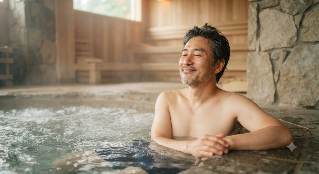 느긋하게 사우나를 하며 몸을 풀고 있는 은퇴남