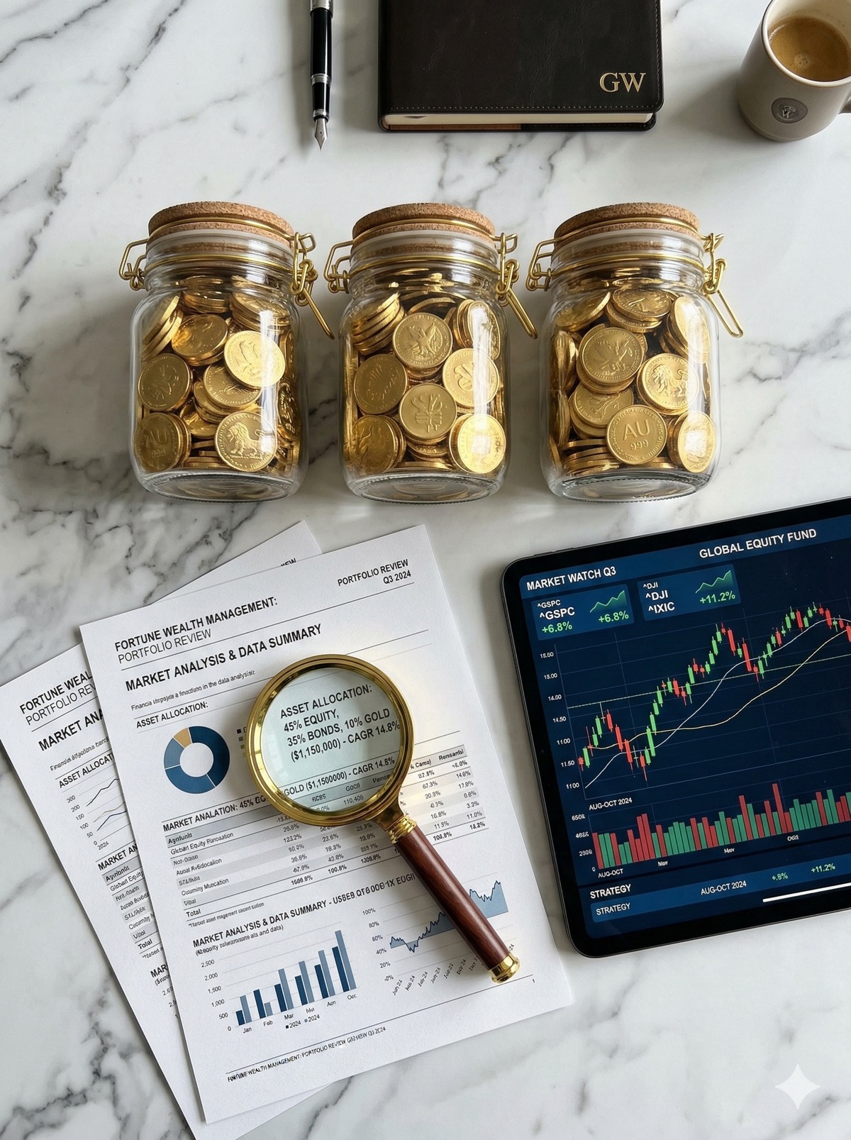 미국 증시 차트가 띄워진 모니터 앞에 각기 다른 로고 색상을 상징하는 세 개의 저금통과 배당금을 의미하는 동전들이 쌓여 있는 모습