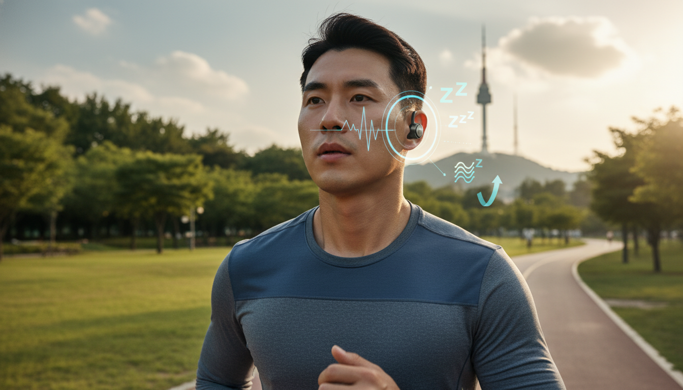 서울 공원에서 스마트 무선 이어폰으로 심박수와 운동 자세를 실시간 모니터링하며 운동하는 한국인.
