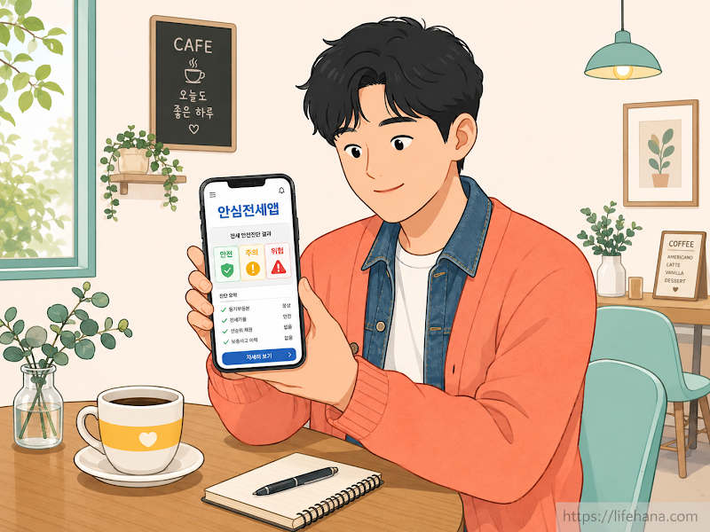 스마트폰 화면으로 안심전세앱을 구동해 주택의 안전 등급을 확인하며 미소 짓는 청년의 모습 일러스트
