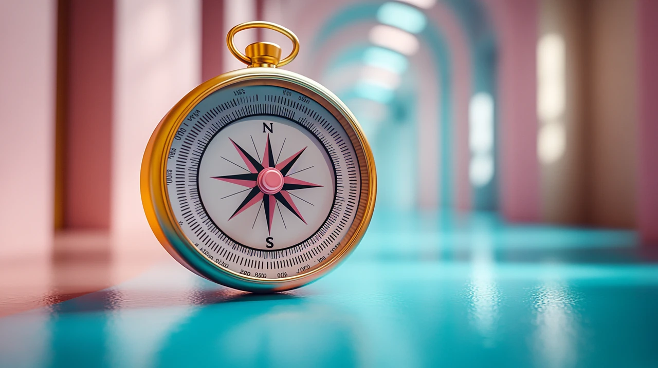 2025년 금융적 성공을 향해 나침반이 가리키는 곳. 방향성과 명확성을 담은 이 개념 예술 작품은 작은 사무공간의 부드러운 조명 속에서 바우하우스의 기하학적 형태와 기능미를 은은하게 나타내고 있다.