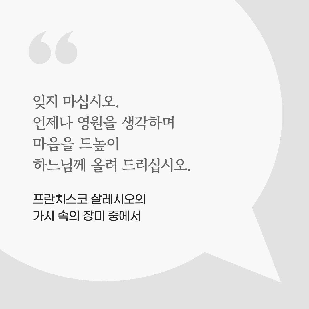 잊지 마십시오. 언제나 영원을 생각하며 마음을 드높이 하느님께 올려 드리십시오. (프란치스코 살레시오의 가시 속의 장미 중에서) 피어나네 마음을 살리는 가톨릭 명언 이미지