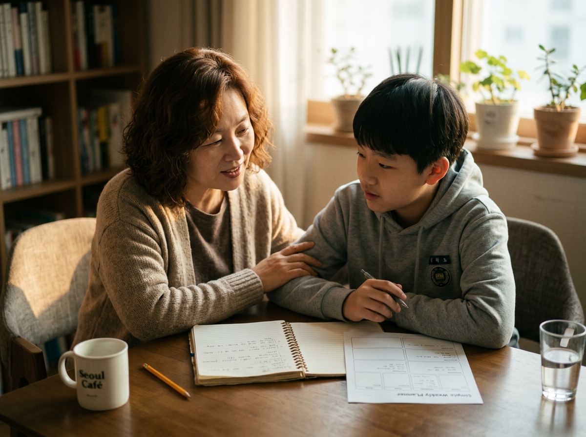 학부모와 중학생 자녀가 함께 주간 학습 계획을 논의하며 대화하는 모습