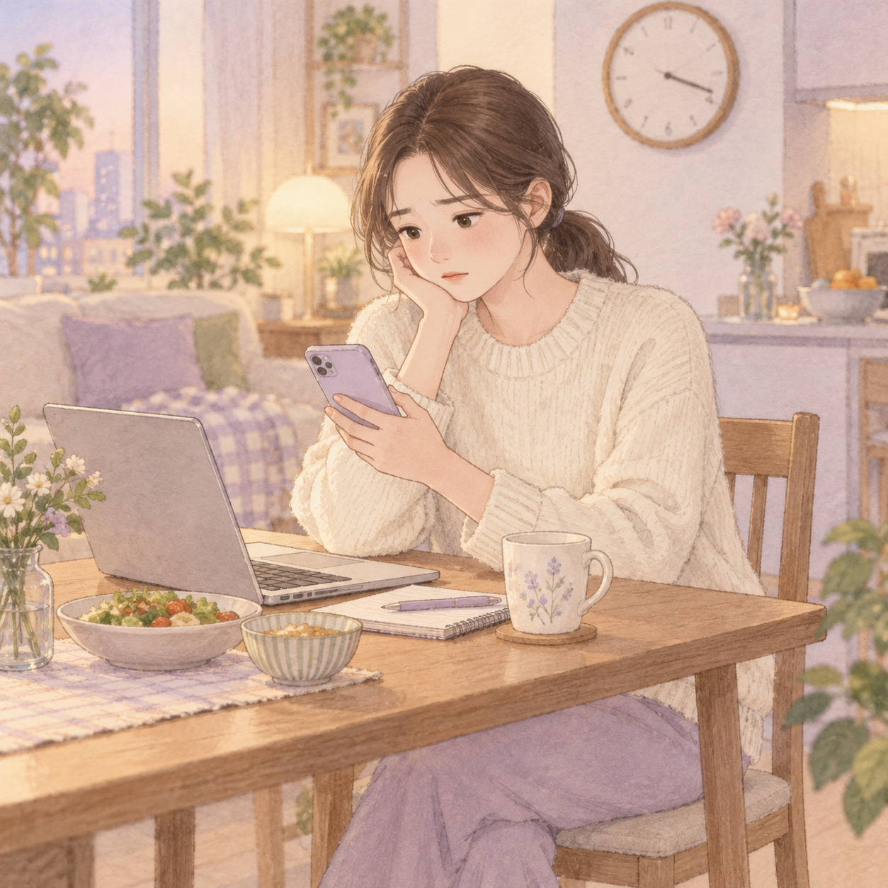 과제를 앞두고 휴대폰을 보며 시간을 보내는 은서의 일러스트