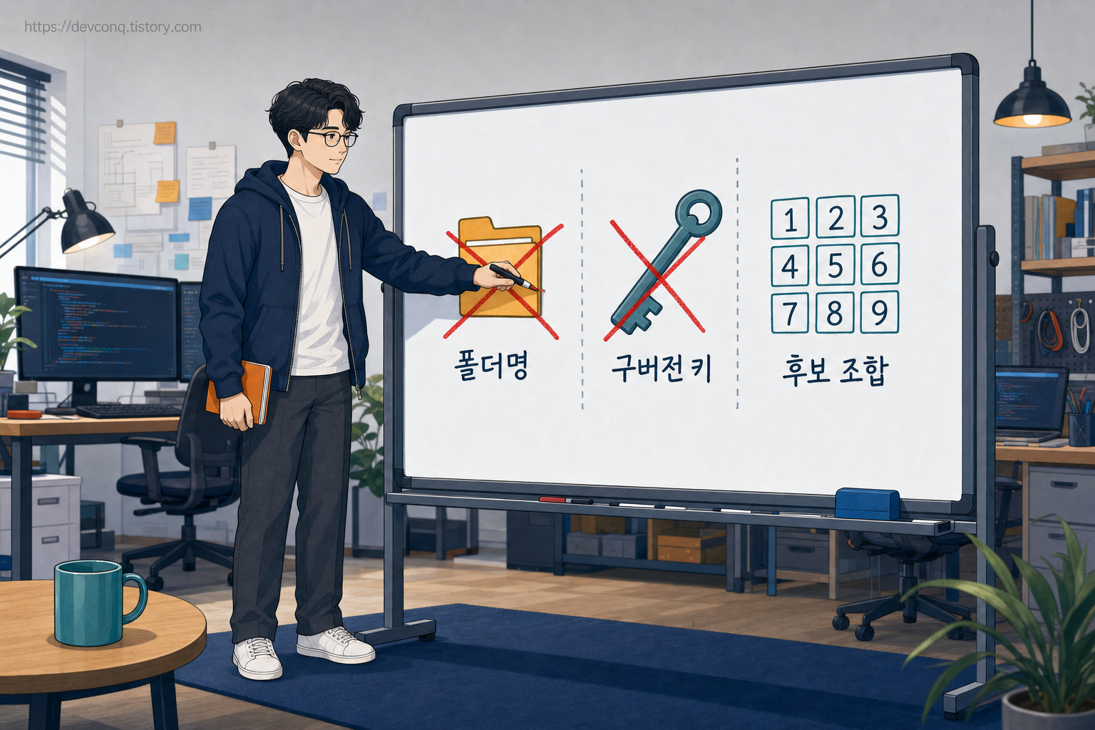 폴더명과 고정 키와 숫자 후보 세 갈래가 모두 막힌 화이트보드 앞의 고정 2D 남성 개발자