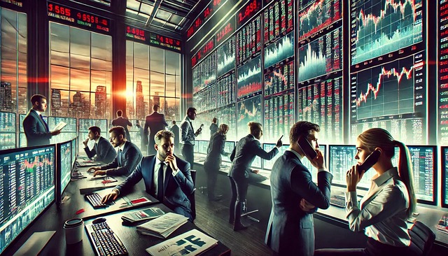 증권회사 사람들이 열심히 일하는 사진