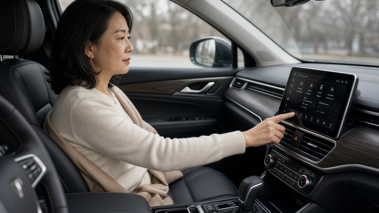 프리미엄 SUV 운전석에 앉아 디스플레이를 조작하는 50대 한국인 여성