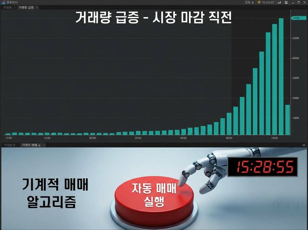 장 마감 종가에 패시브 자금 거래량이 급증하는 모습을 나타낸 그래프 이미지