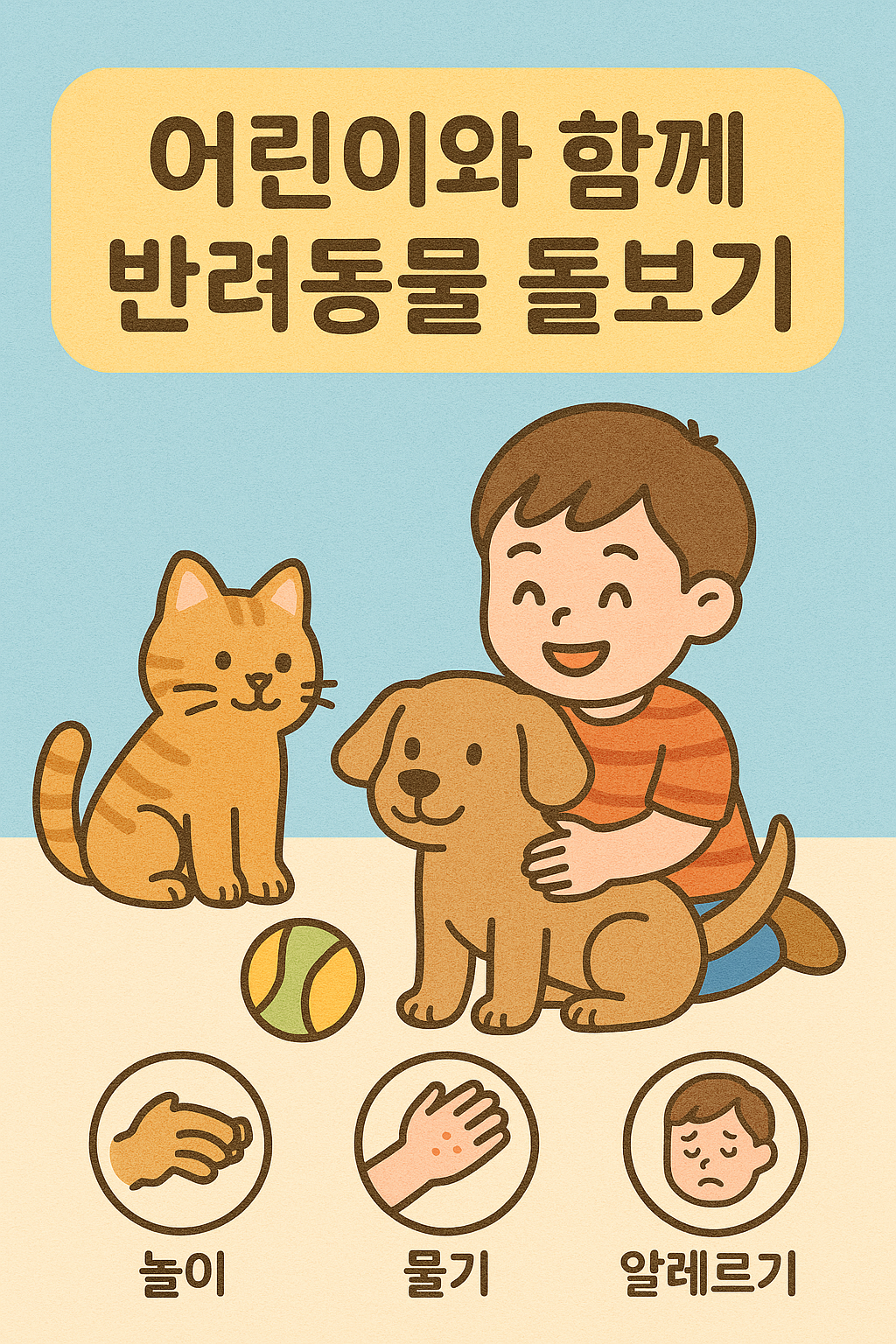 어린이와 함께 반려동물 돌보기(놀이, 물기, 알레르기)