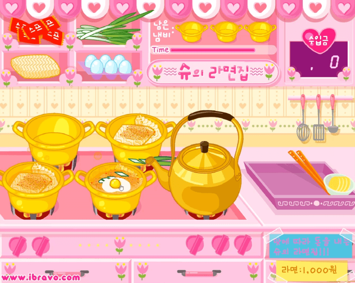 슈의-라면가게-플래시게임-플레이-라면위에-계란과-파를-넣는-화면