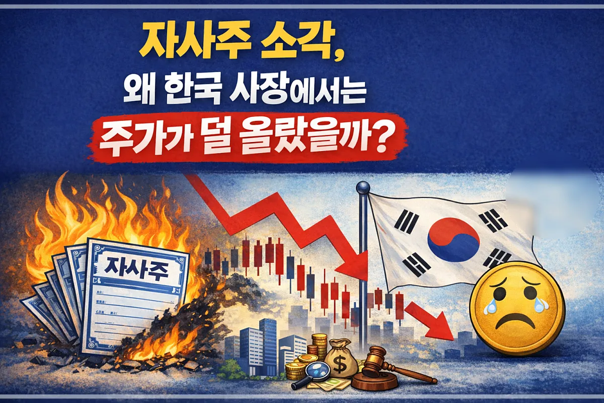 자사주 소각과 한국 시장의 주가 반응을 시각적으로 표현-왼쪽에는 불타는 자사주 증서가 있고, 오른쪽에는 하락하는 주가 그래프와 슬픈 표정의 코인 캐릭터, 한국 국기가 보임