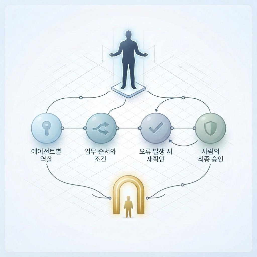 멀티 에이전트의 역할과 사람의 최종 승인 과정 이미지