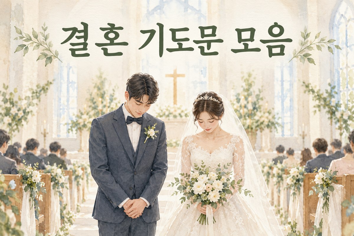 결혼예배를 앞두고 나란히 고개를 숙인 신랑신부의 수채화 일러스트