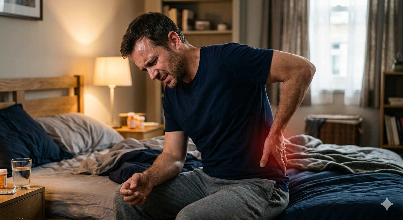 아늑한 침실을 배경으로, 감색 티셔츠와 회색 바지를 입은 중년 남성이 침대 가장자리에 걸터앉아 있습니다. 남성은 얼굴을 잔뜩 찡그린 채 고통스러운 표정으로 오른손으로 오른쪽 허리와 등 부위를 움켜쥐고 있습니다. 고통이 느껴지는 부위에는 붉은색 빛의 효과가 나타나 통증을 시각적으로 강조하고 있습니다. 협탁 위에는 약병과 물컵이 놓여 있습니다.