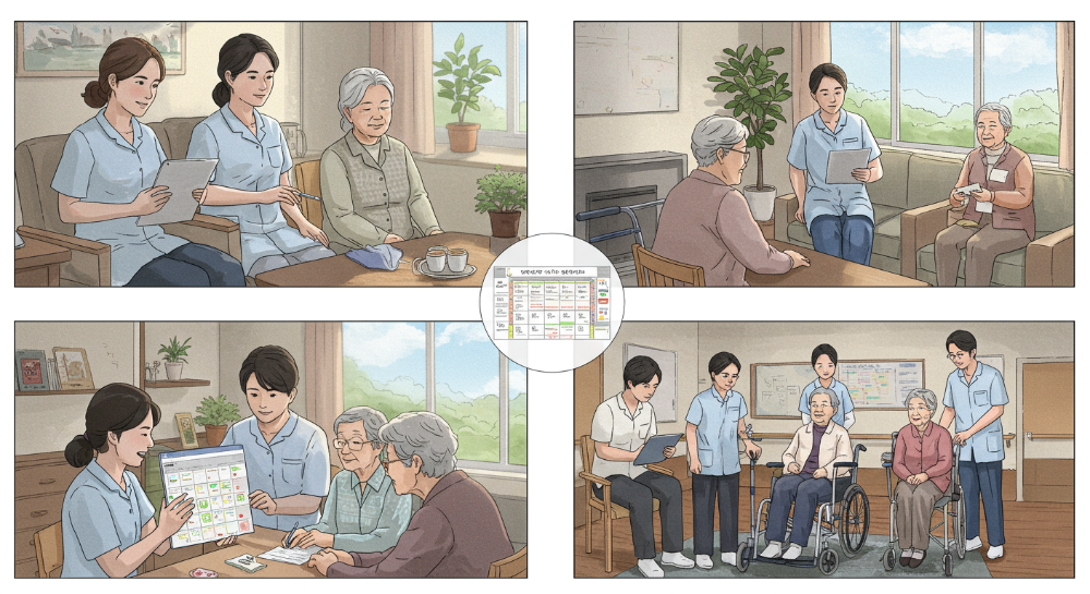 2025년 요양보호사들이 가정과 요양시설에서 다양한 연령대의 어르신들을 돌보는 모습을 담은 이미지. 전문성과 따뜻함이 느껴지는 장면.