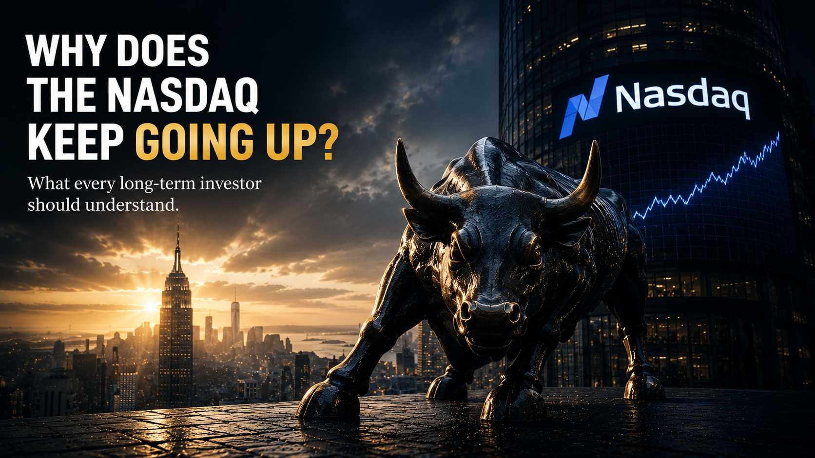 *Cinematic illustration of the Nasdaq market featuring the Charging Bull, Nasdaq tower, and rising stock chart symbolizing long-term market growth.*