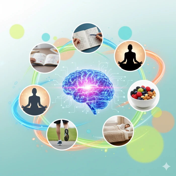 활성화된 뇌 그래픽과 함께 책 읽기, 명상, 건강 식품, 운동, 숙면 등 기억력 향상 및 뇌 기능 활성화에 도움이 되는 5가지 습관을 상징하는 요소들이 조합된 이미지.