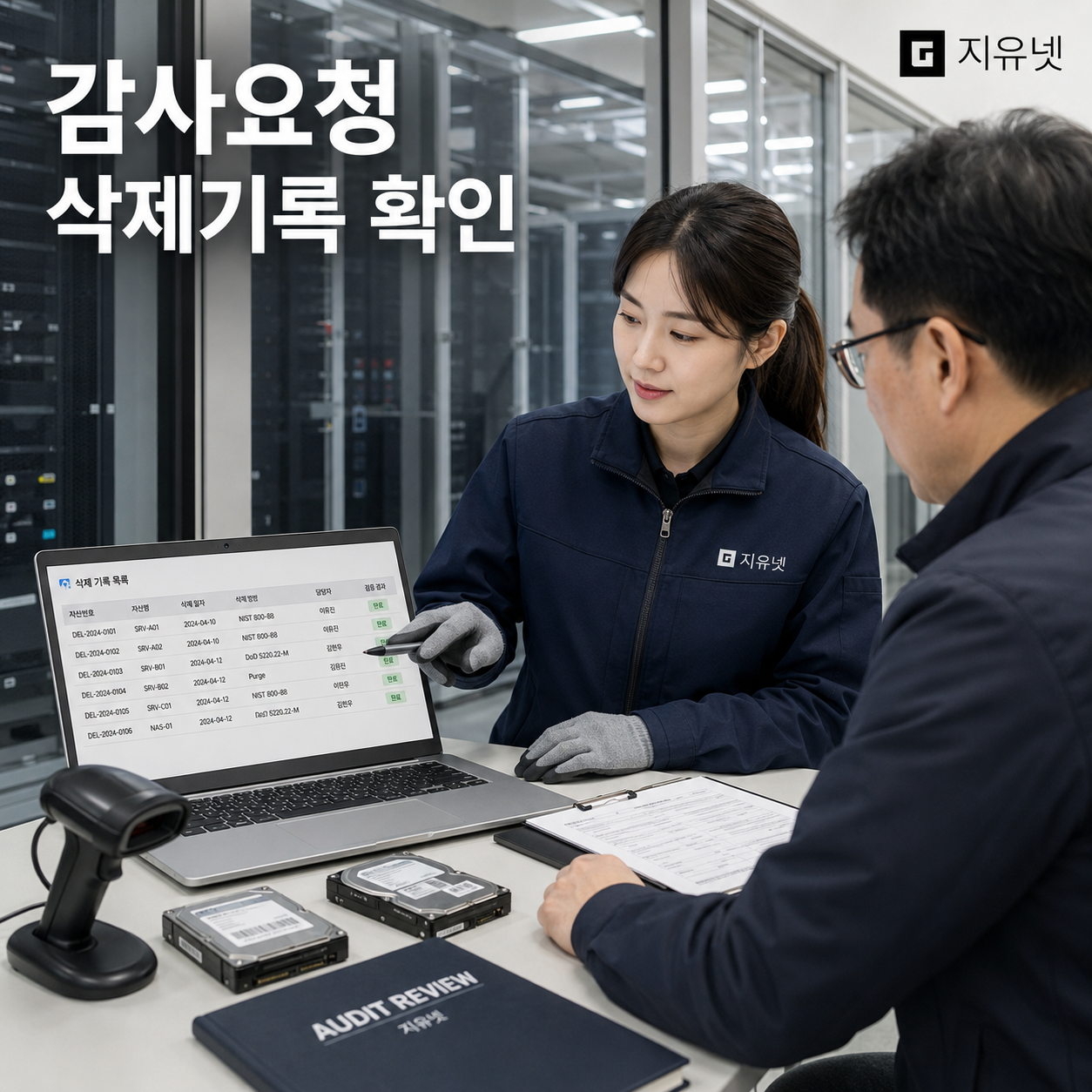 IDC 서버 철수 후 감사팀 요청에 따라 서버 반출 목록과 데이터삭제 기록을 확인하는 장면