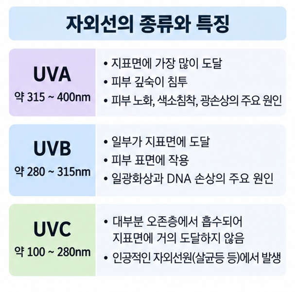 UVA UVB UVC가 피부에 도달하는 정도와 차이를 비교한 자외선 이미지