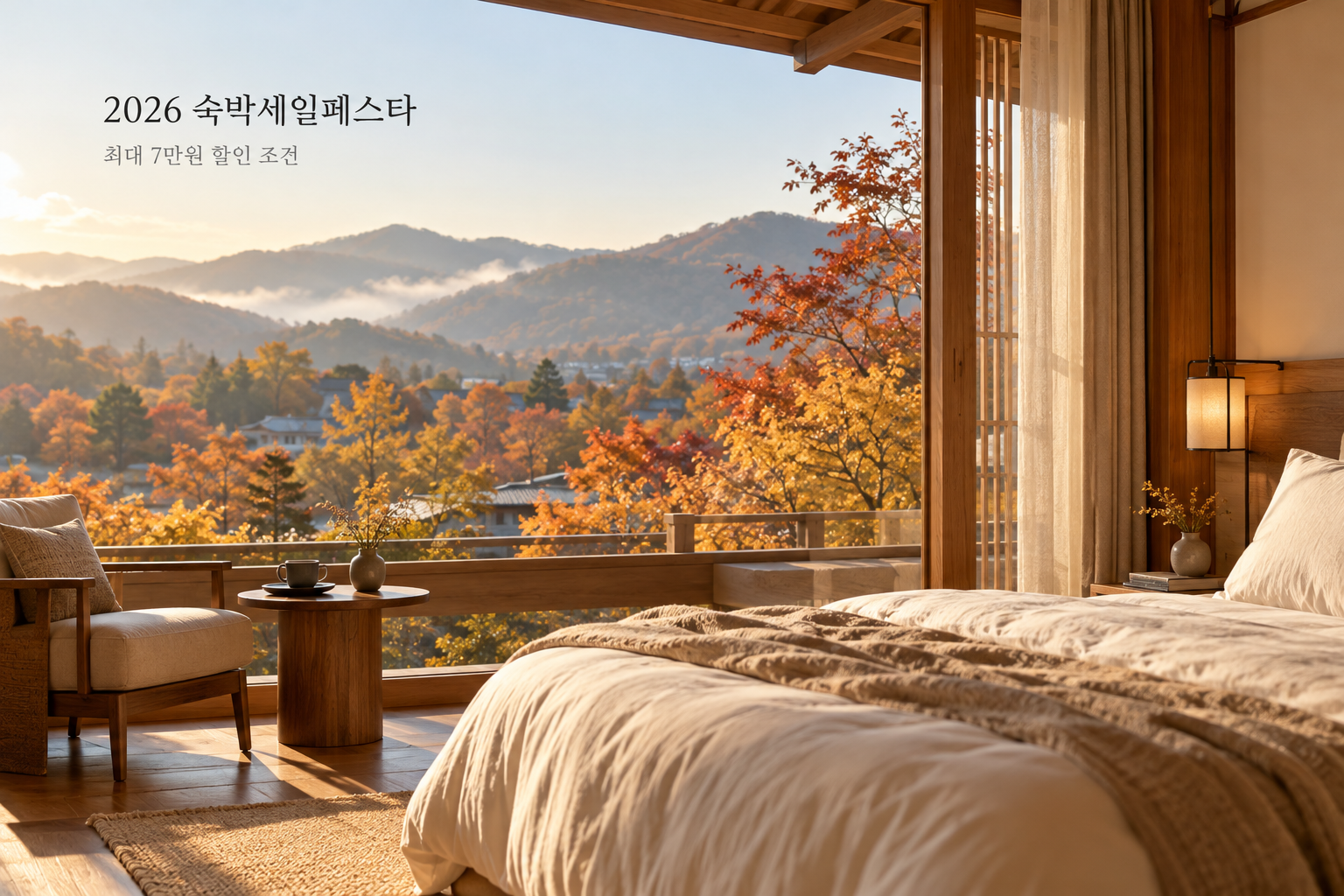 가을 산 풍경이 보이는 객실과 2026 숙박세일페스타 할인 조건 안내