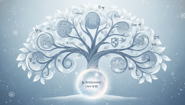 다양한 한국 성씨가 나뭇가지처럼 뻗어나가며 각 성씨의 특징을 암시하는 부드러운 일러스트. 자기 발견의 빛이 중앙에서 빛나는 가족 나무 그림입니다.