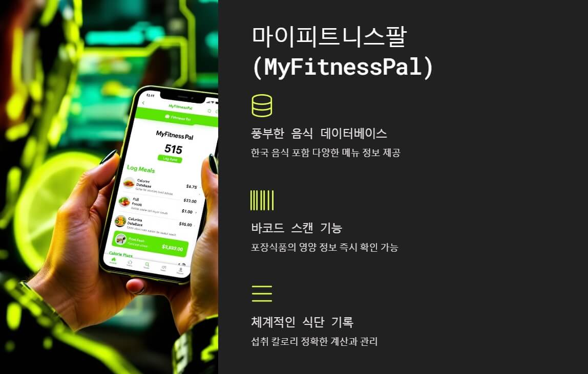 마이피트니스팔(MyFitnessPal)의 주요 기능 설명. 풍부한 음식 데이터베이스, 바코드 스캔, 체계적인 식단 기록 기능을 강조한 화면. 스마트폰 화면에 음식 칼로리와 섭취 기록이 표시됨
